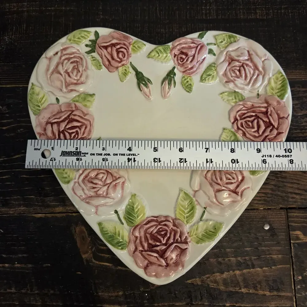 Vintage Majolica Heart Shaped Embossed Cabbage Rose Plates Portugal